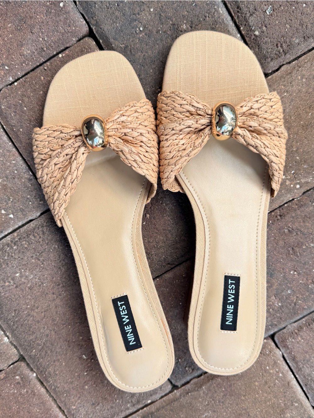 Nine West Tan Braided Slide Mules with Gold Accent